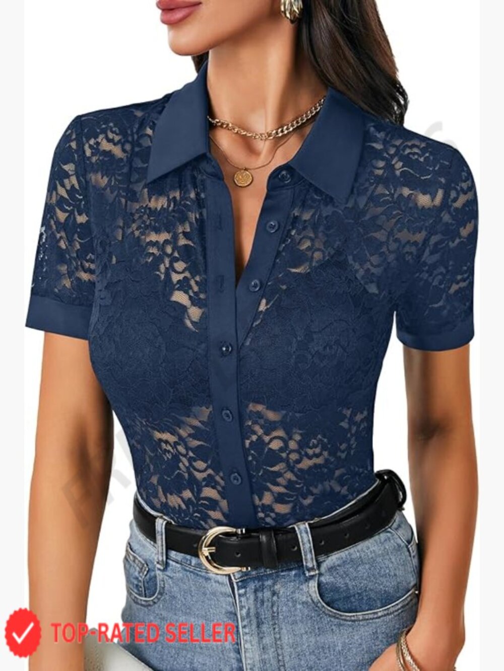 Lace Button Down Blouse Elegant Sheer Short Sleeve Chic Collared Top